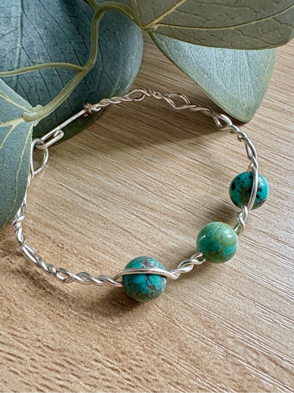 NWOT Handcrafted Real Turquoise Silver Plated Wire Wrapped Bracelet